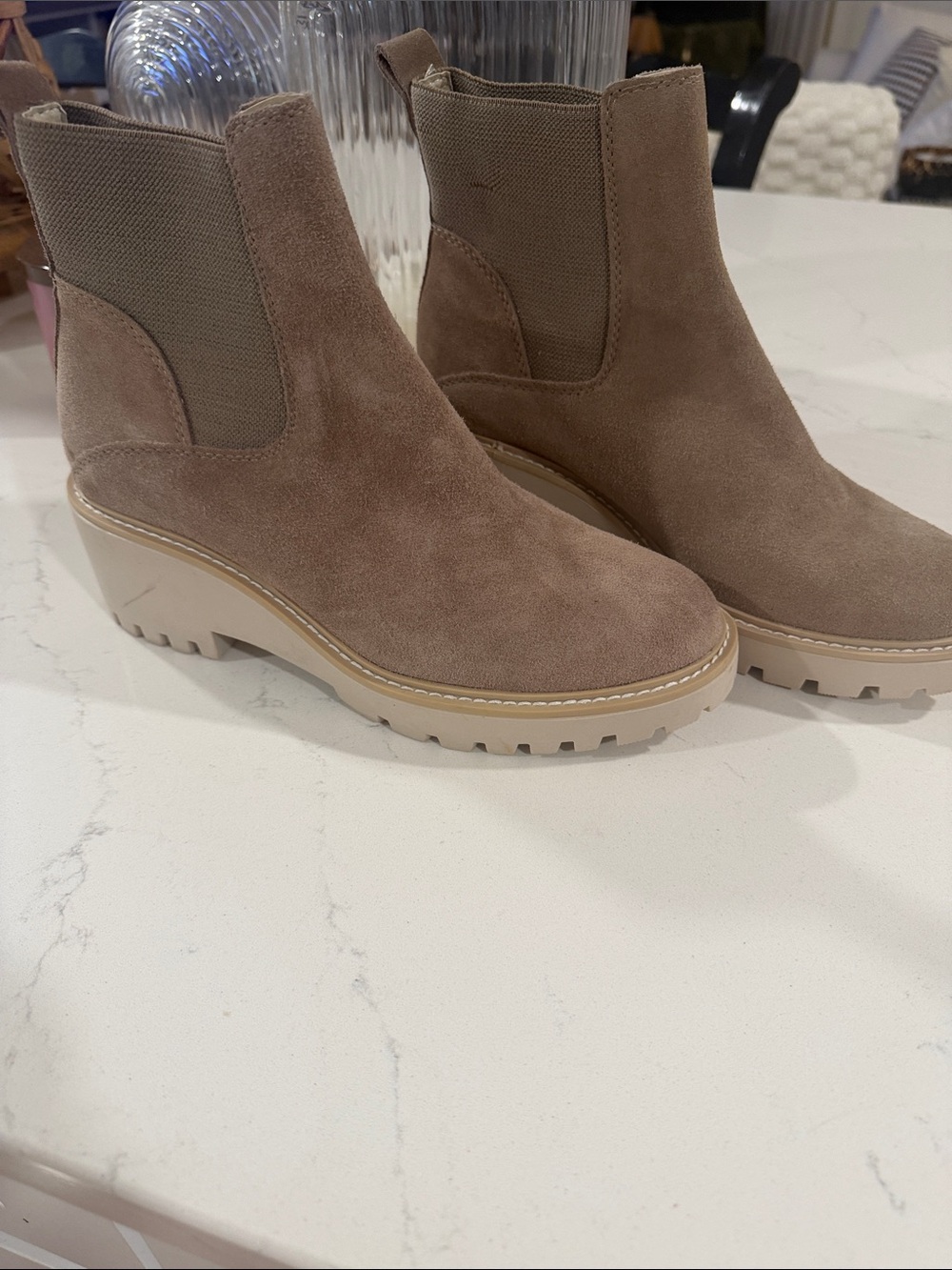 Dolce Vita Taupe Suede Chelsea Wedge Booties